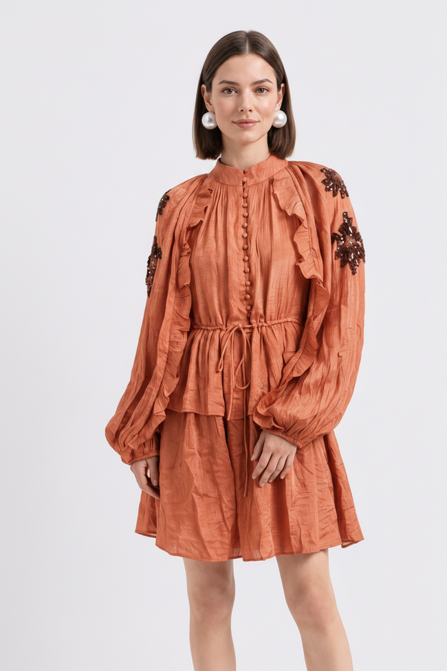 Women Rust Sequin Embroidered Ruffle Detail Tiered Dress