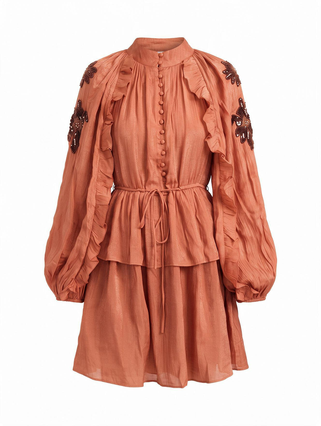 Women Rust Sequin Embroidered Ruffle Detail Tiered Dress