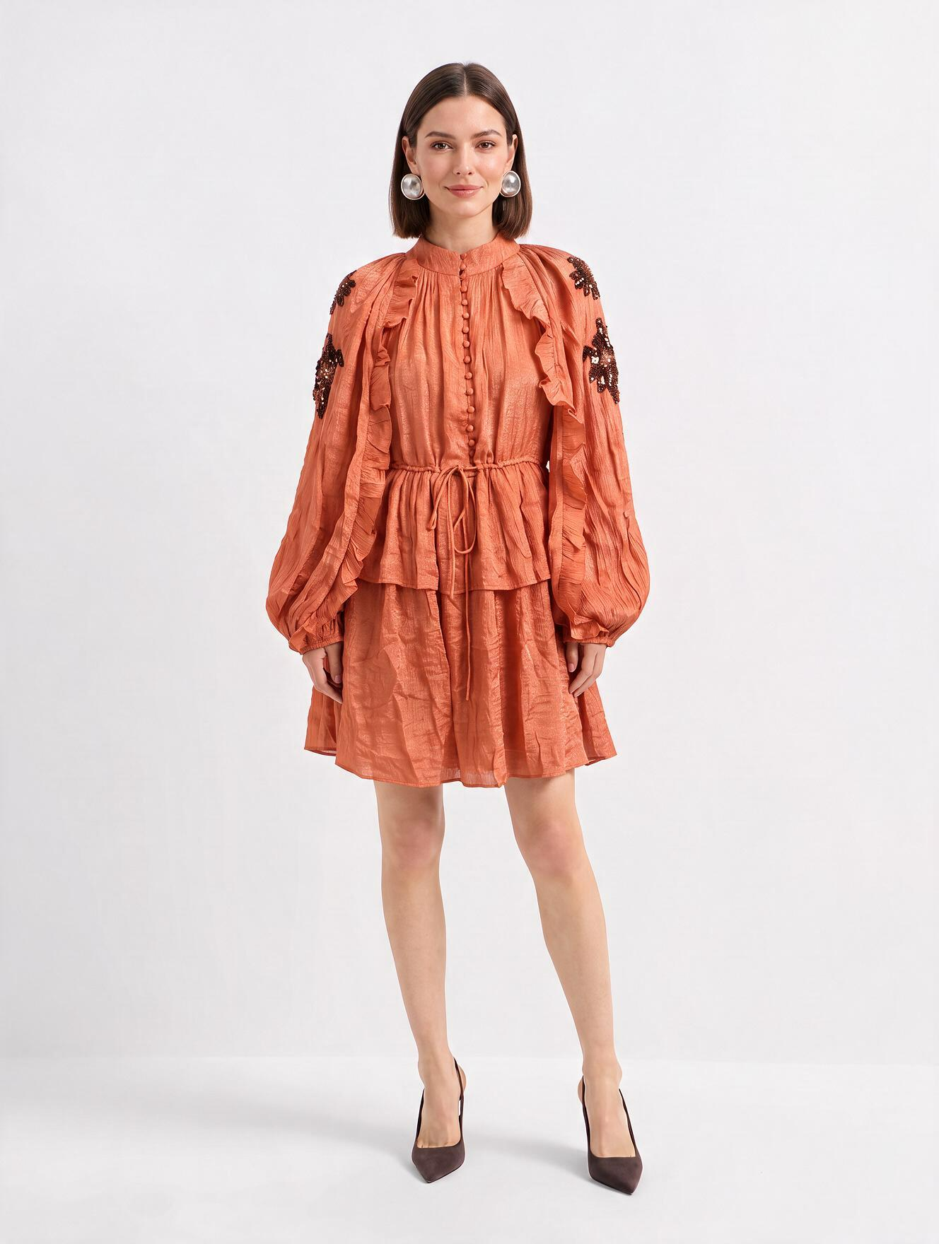 Women Rust Sequin Embroidered Ruffle Detail Tiered Dress