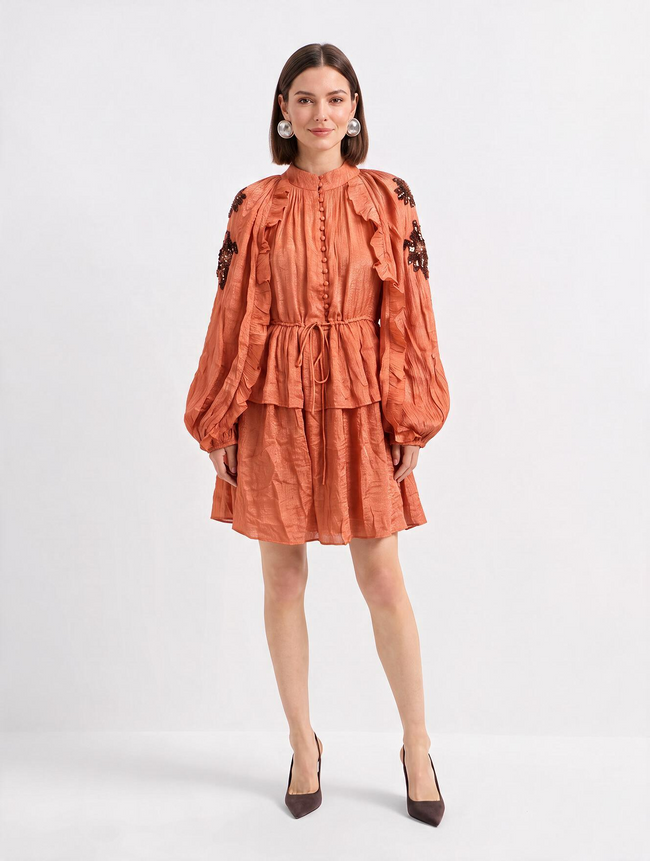 Women Rust Sequin Embroidered Ruffle Detail Tiered Dress