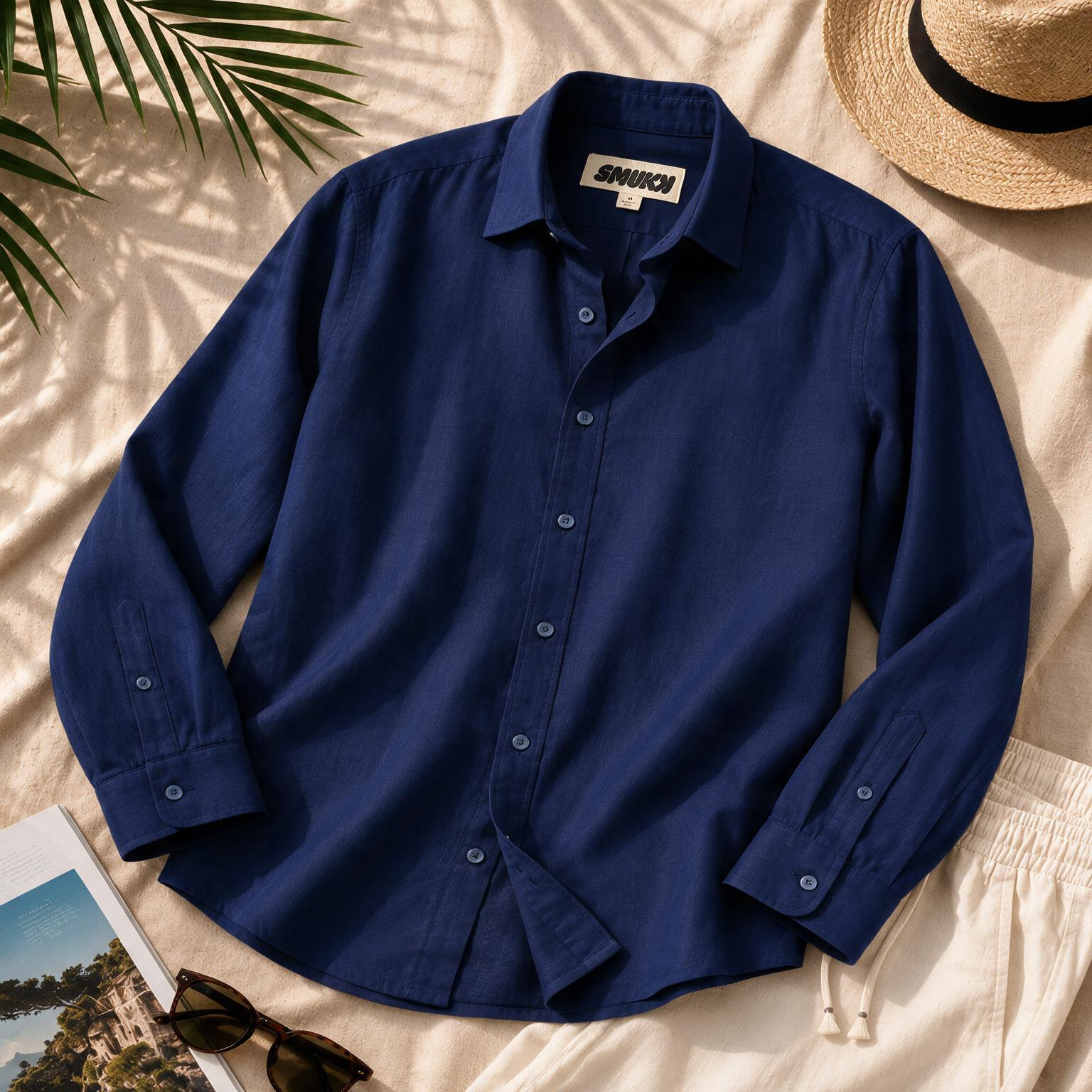 Men Navy Minimal Long Sleeve Shirt