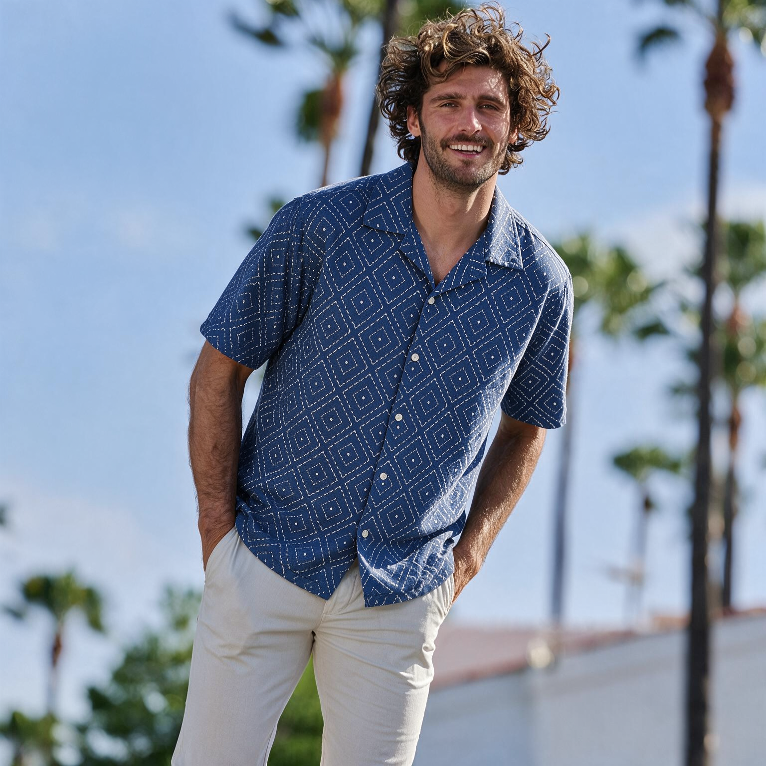 Men Blue Geometric Camp Collar Shirt
