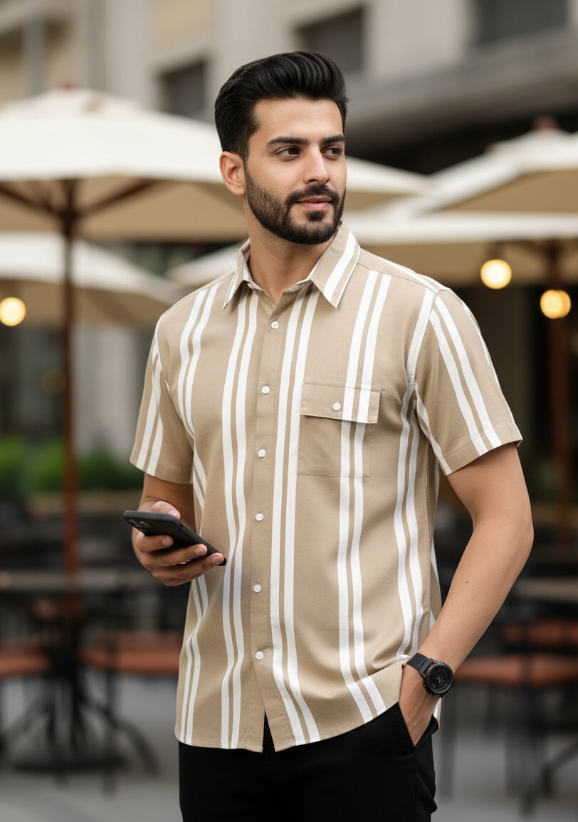 Men Beige Striped Shirt