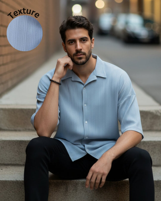 Men Blue Button Down Collar Shirt