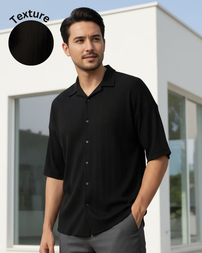 Men Black Button Down Collar Shirt
