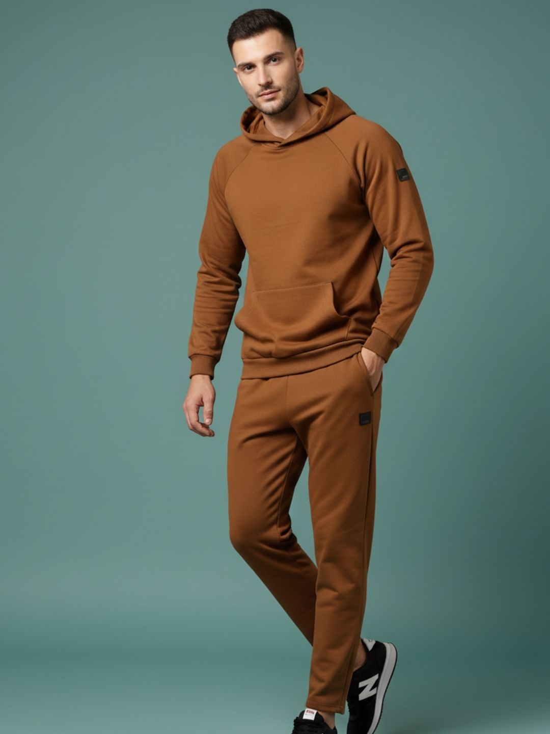 Men Brown Oversized Solid Fleece Co-ords