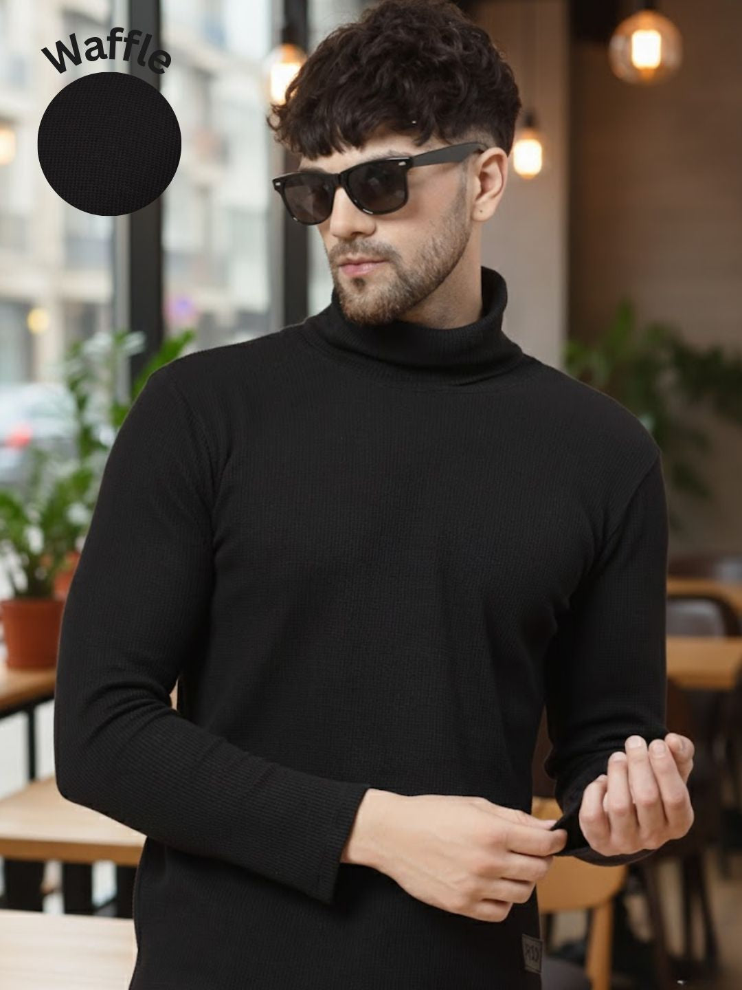 Men Black Waffle Knit T-shirt