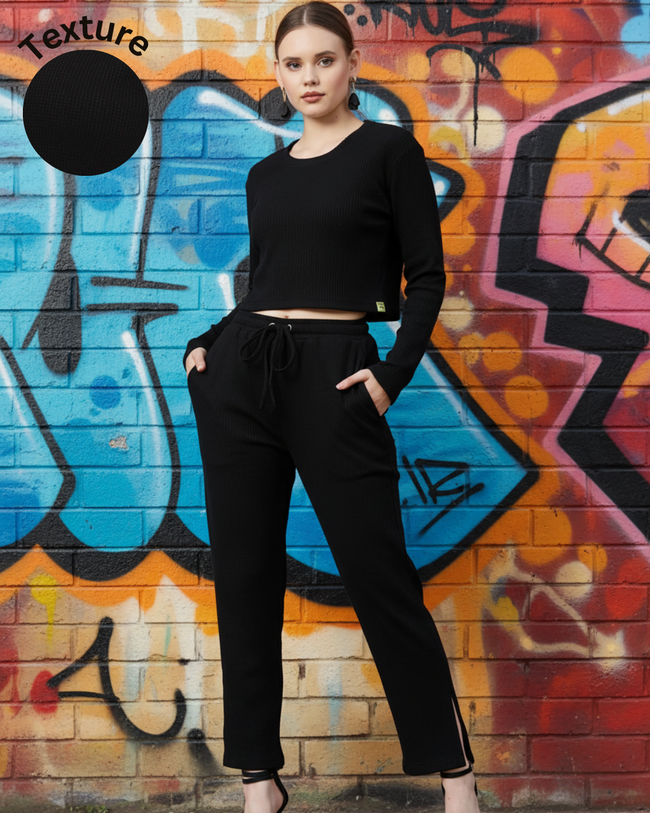 Women Black Waffle Solid Co-ords