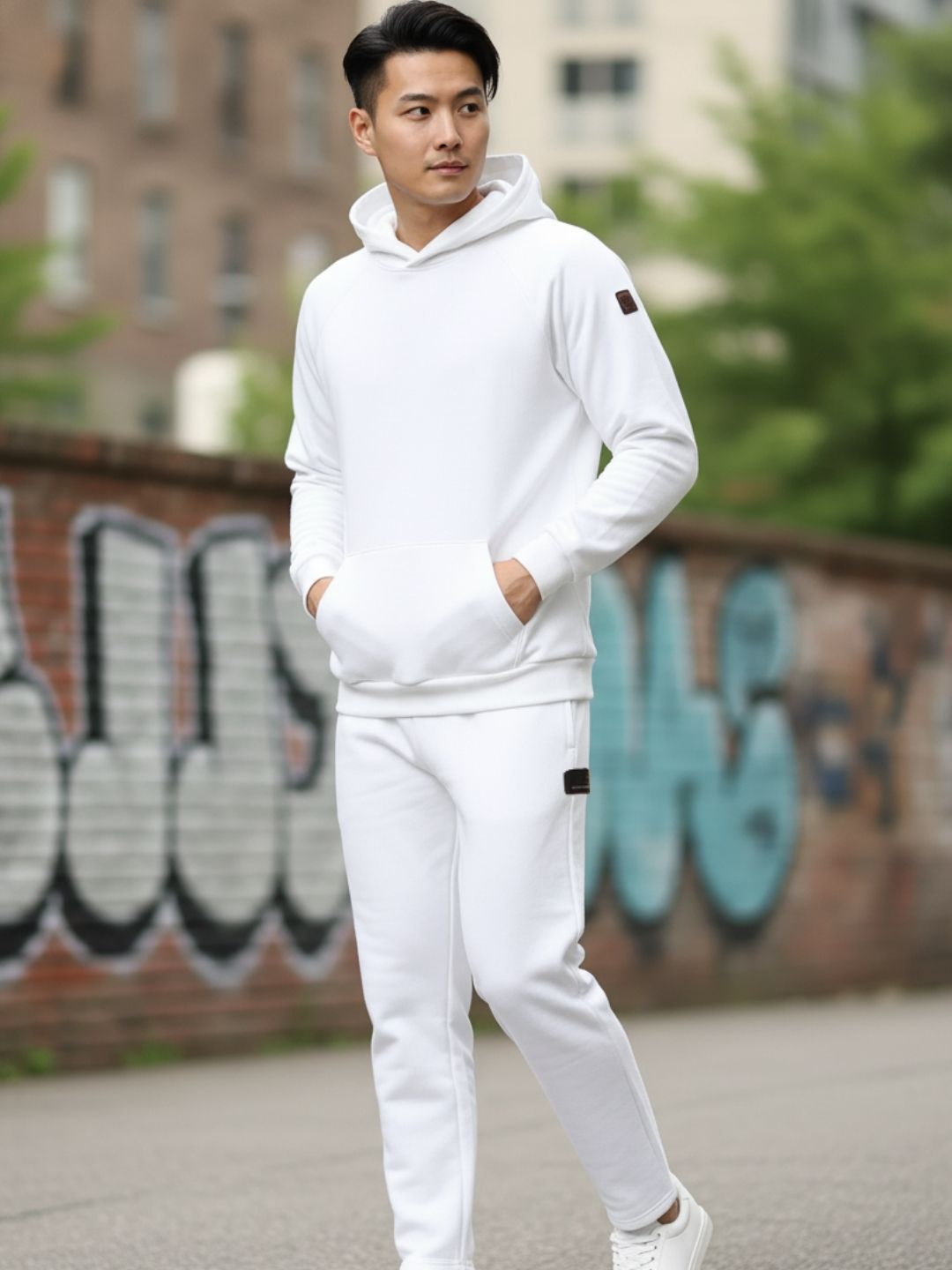 Men White Oversized Solid Fleece Co-ords