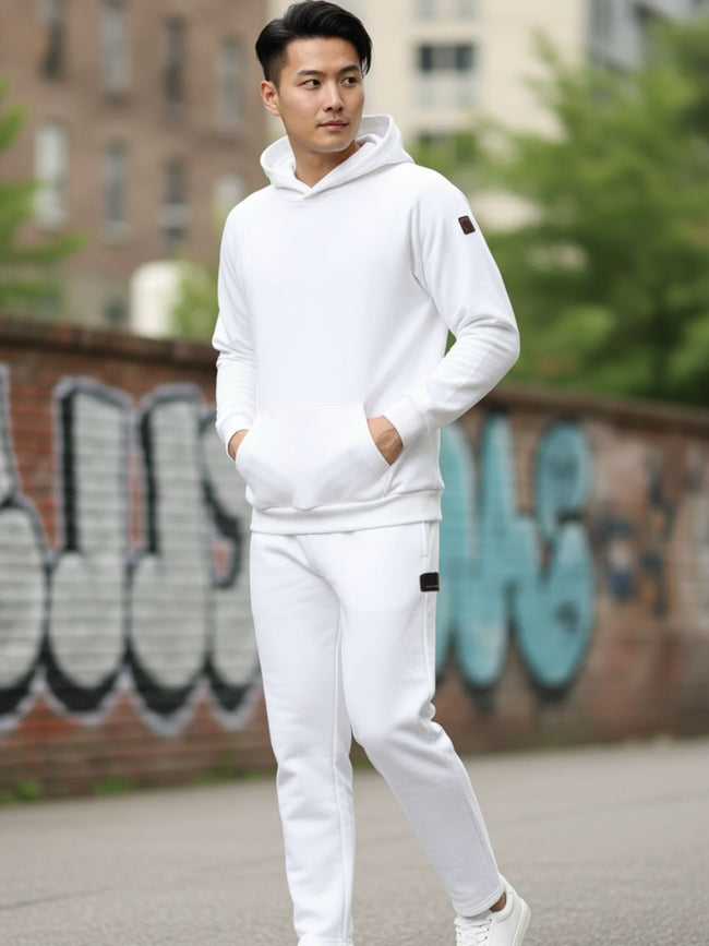 Men White Oversized Solid Fleece Co-ords