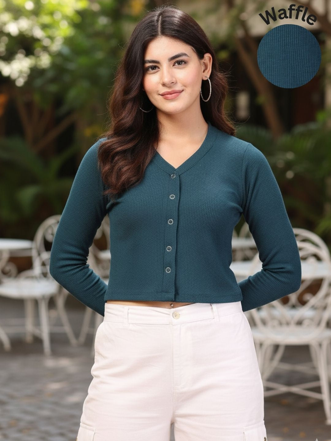 Women Teal Waffle Crop Top