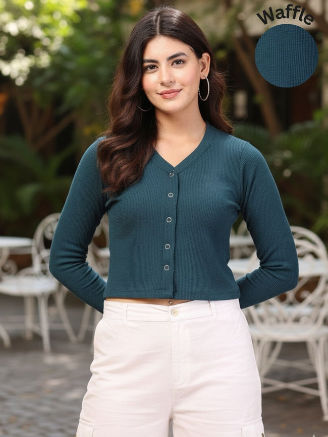 Women Teal Waffle Crop Top