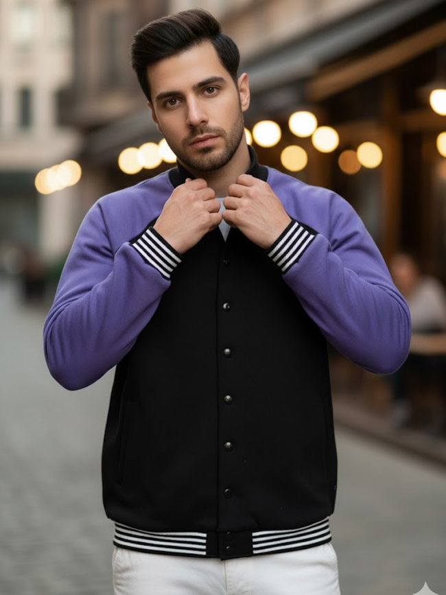 Men Purple Fleece Colorblock Oversized Bomber Jacket