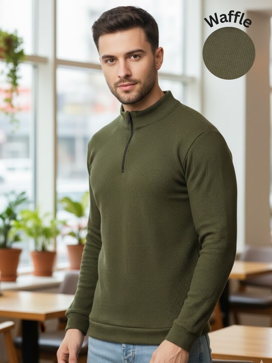 Men Olive Waffle Knit T-shirt