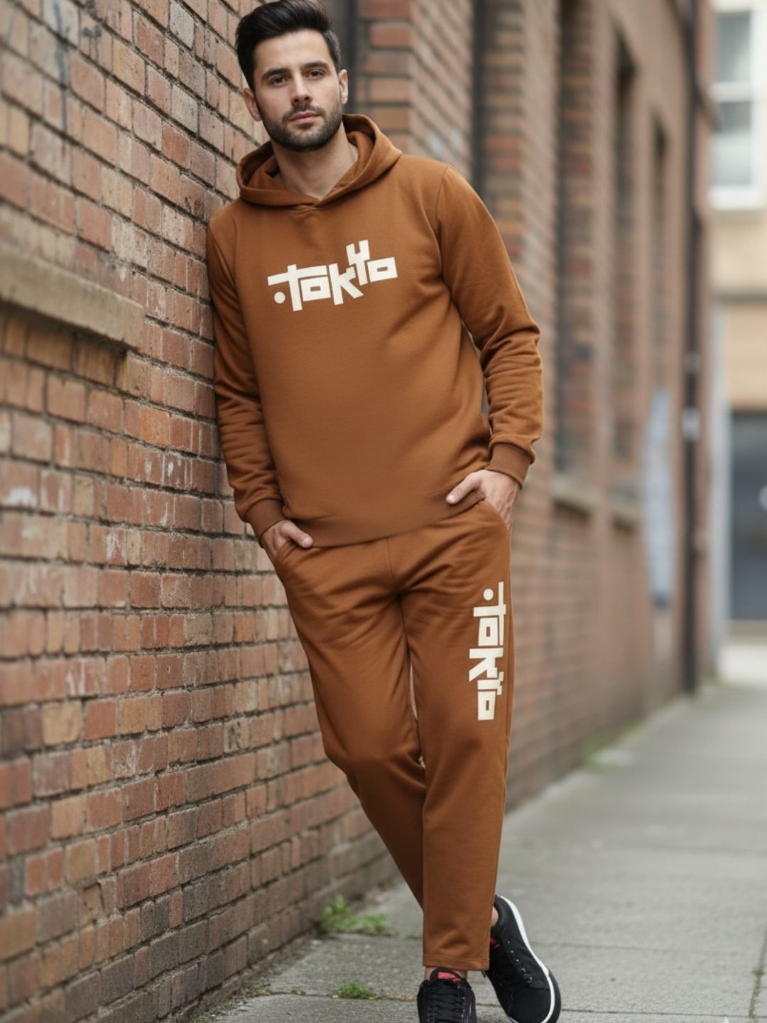 Men Brown Oversized Printed Fleece Co-ords