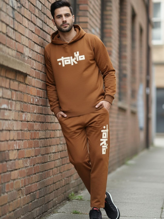 Men Brown Oversized Printed Fleece Co-ords