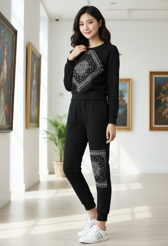 Women Black Printed Round Neck Terry Track Suit