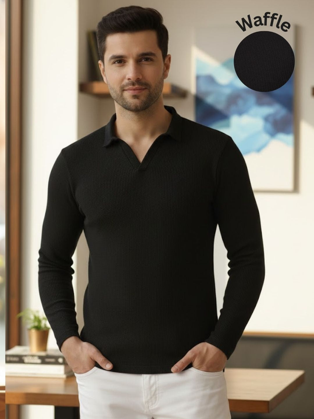 Men Black Waffle Knit T-shirt