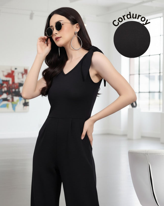 Women Black Poly Corduroy Jumpsuit