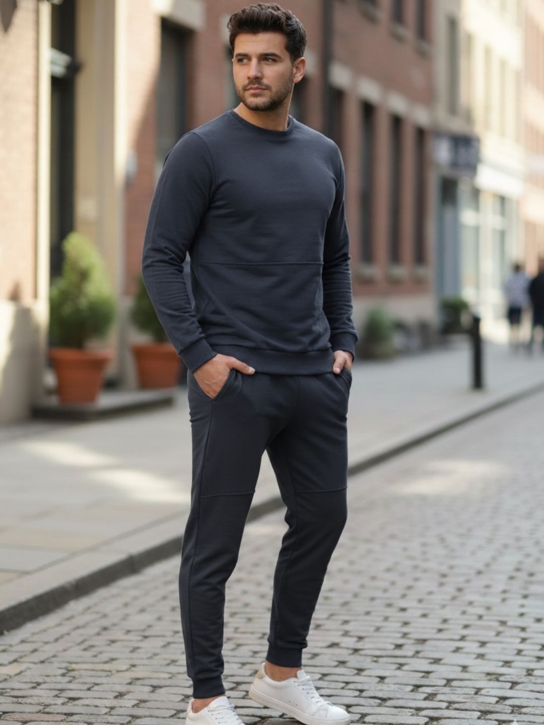 Men Navy Round Neck Terry Track Suit