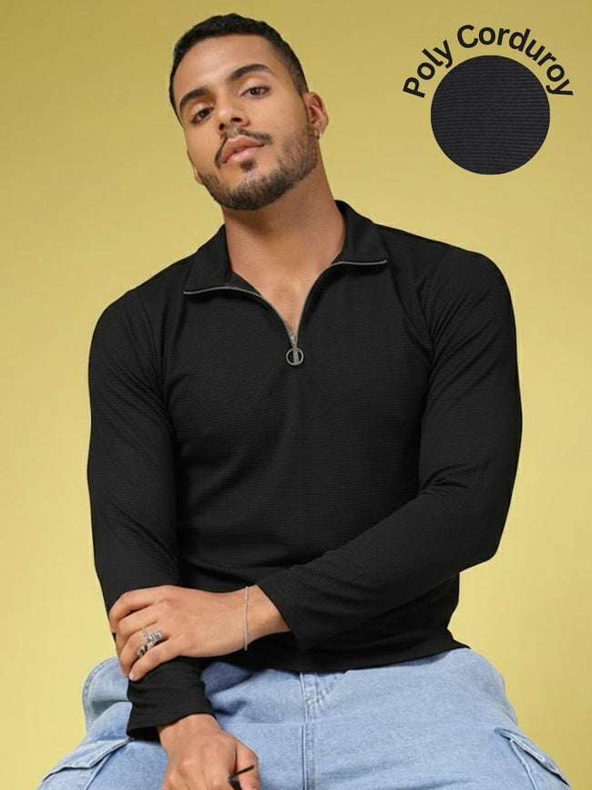 Men Black High Neck Polyester T-Shirt