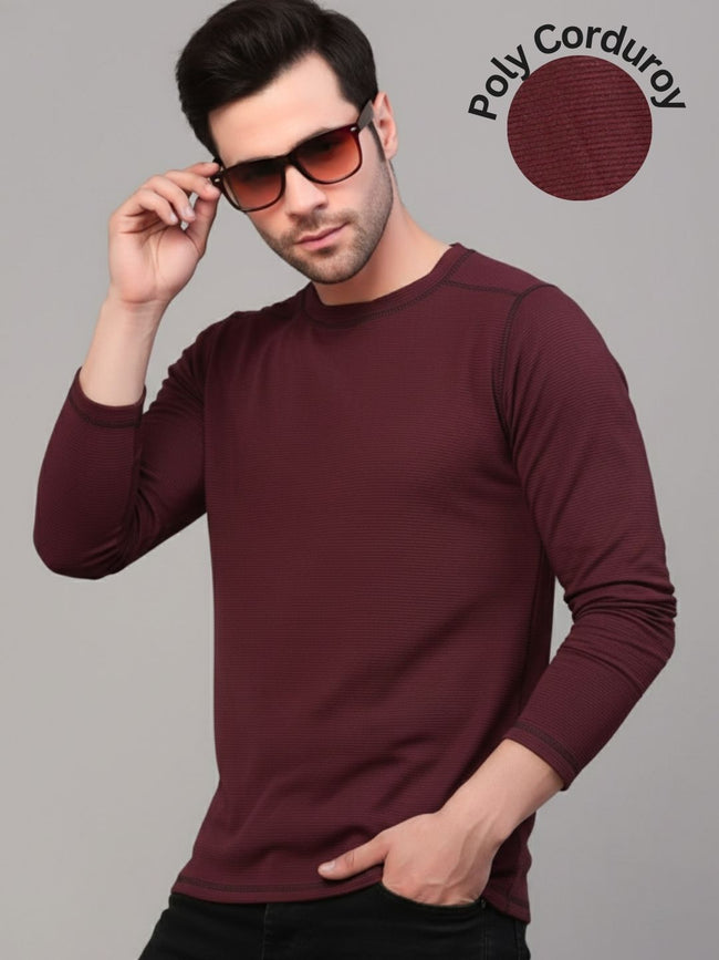 Men Wine Round Neck Polyester T-Shirt
