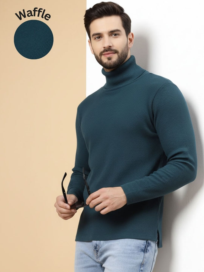 Men Teal Waffle Knit T-shirt