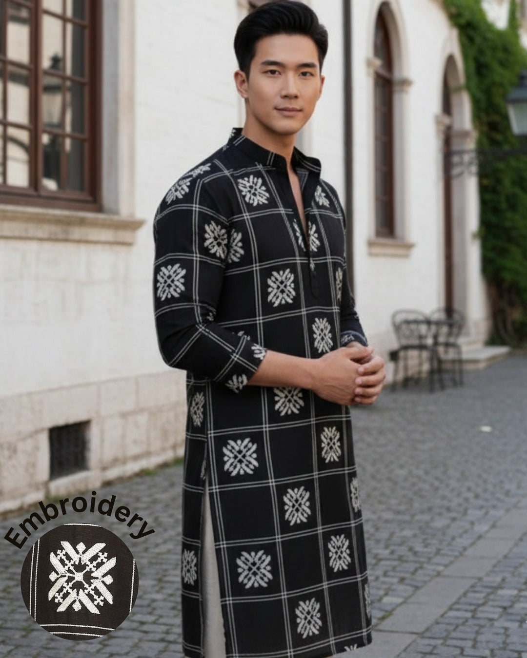 Men Black Embroidered Kurta
