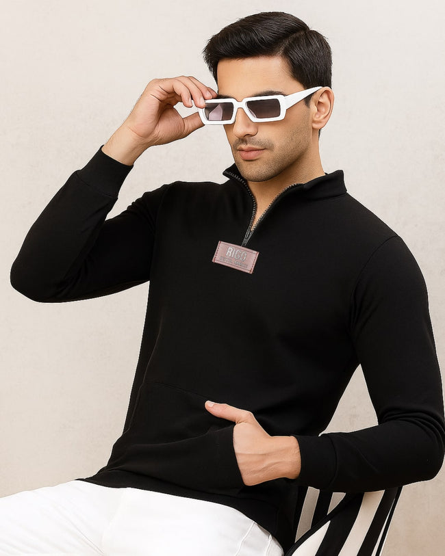 Men Black Zip-Up Fleece Sweatshirt