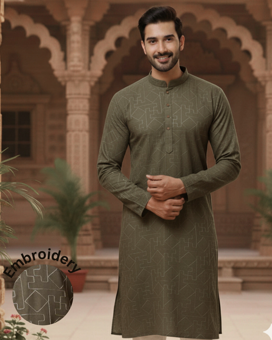 Men Green Zig Zag Embroidered Kurta