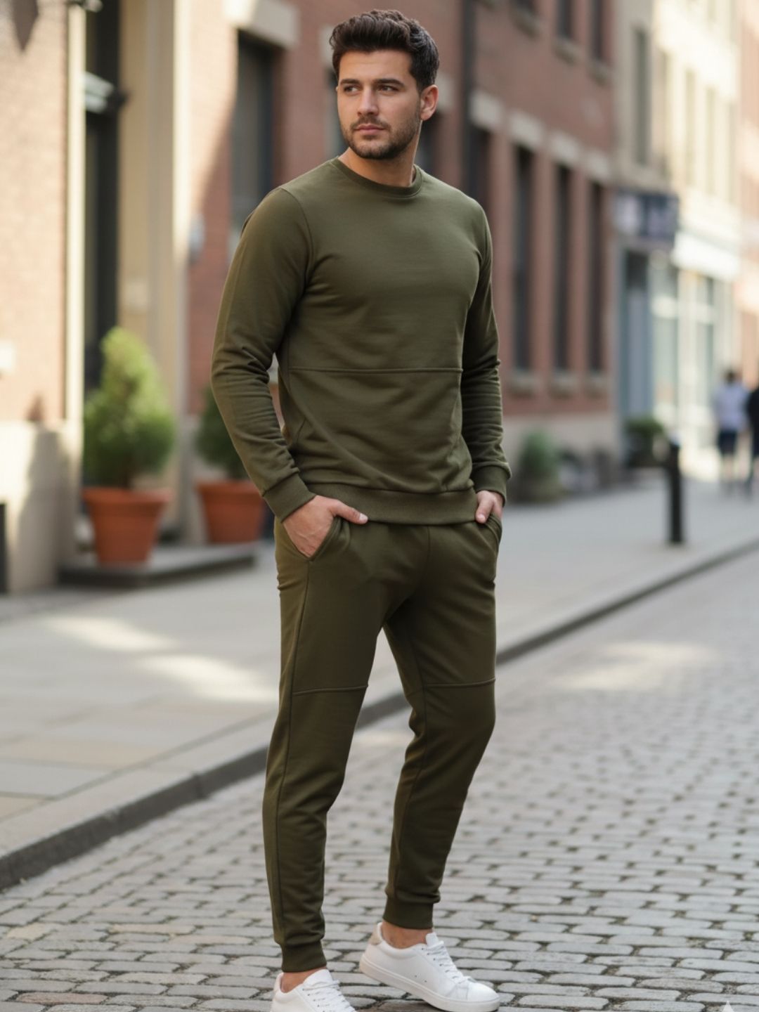 Men Olive Green Round Neck Terry Track Suit