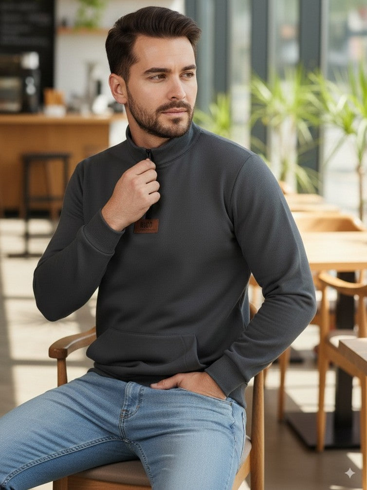 Men Grey Zip-Up Fleece Sweatshirt