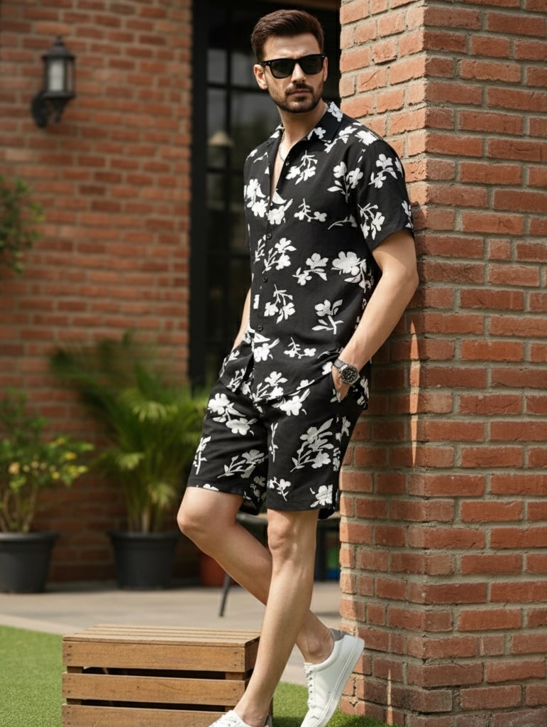 Men Black Floral Co-Ords