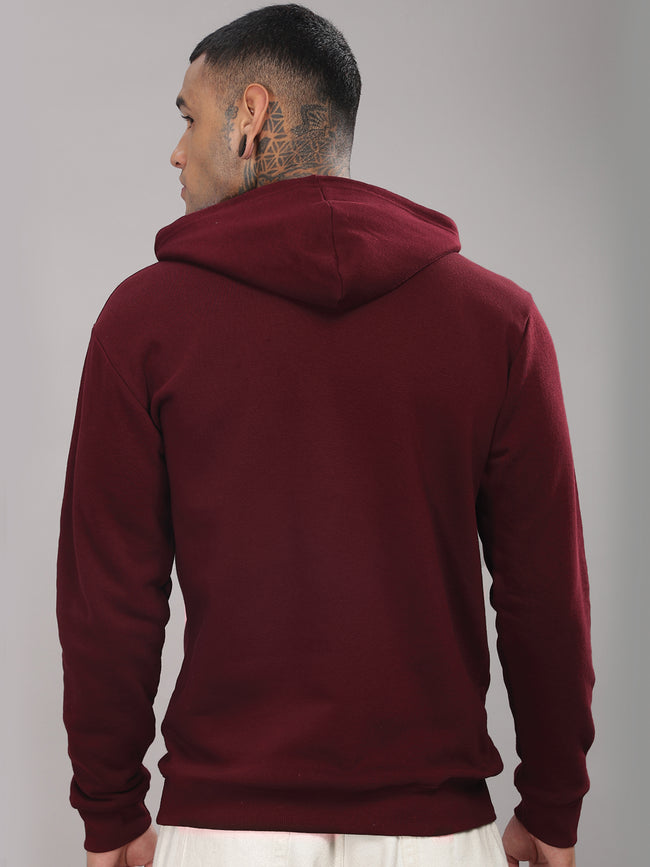 Men Maroon Cotton Fleece Printed Hoodie