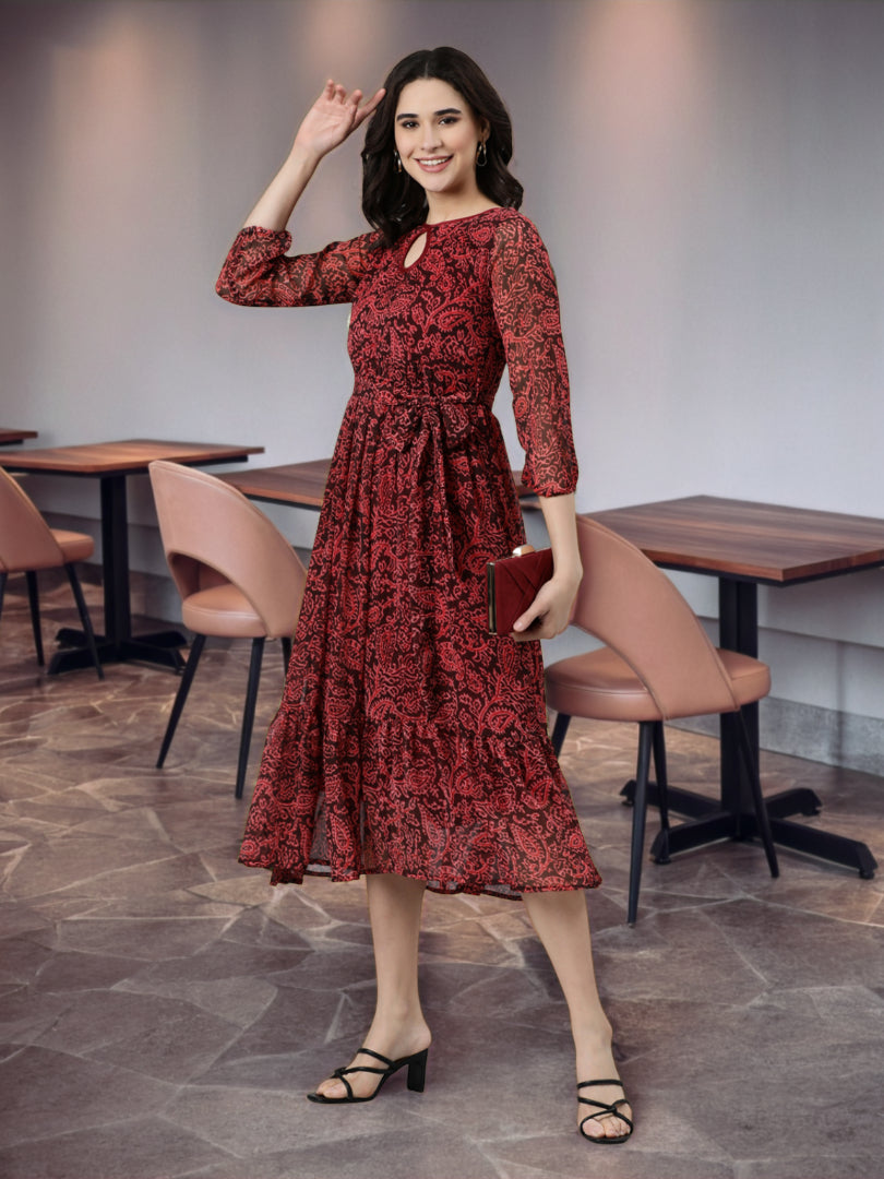 Women Maroon Floral Chiffon Dress