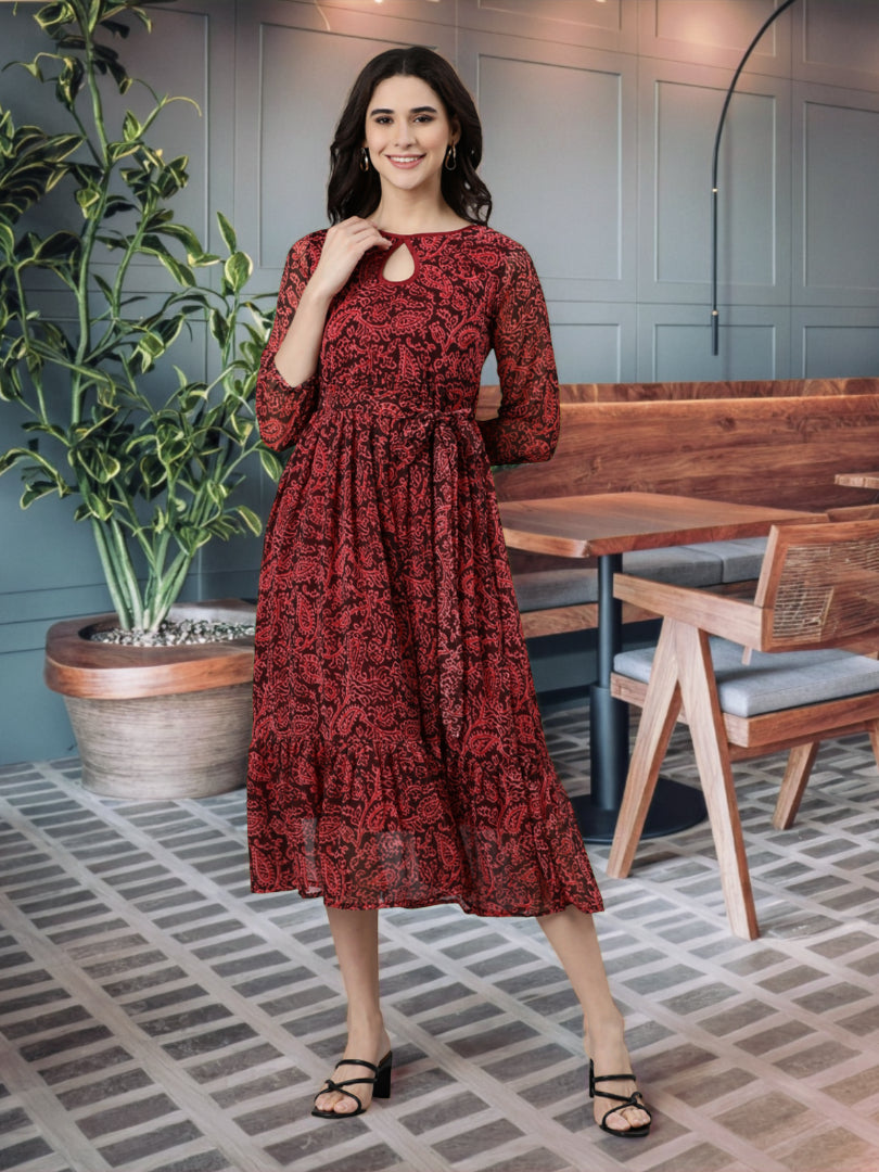 Women Maroon Floral Chiffon Dress