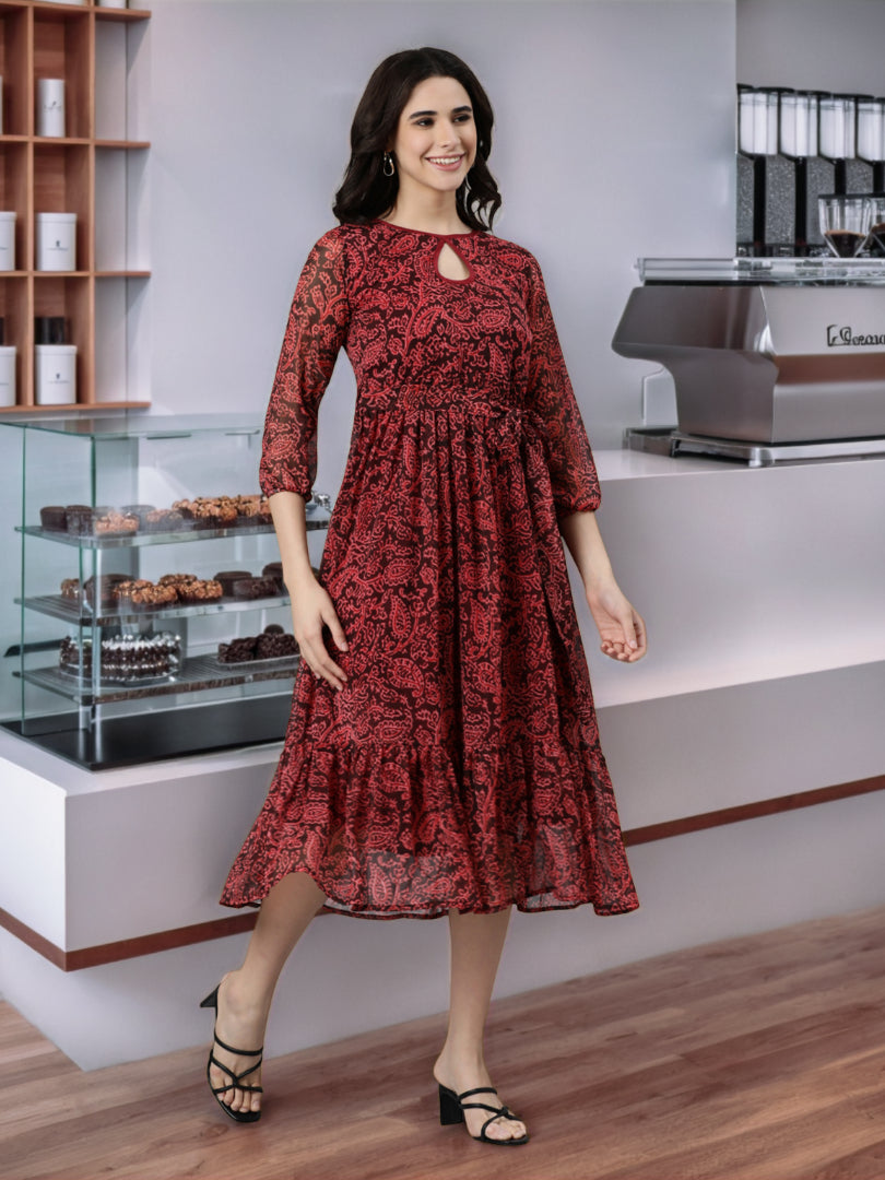 Women Maroon Floral Chiffon Dress