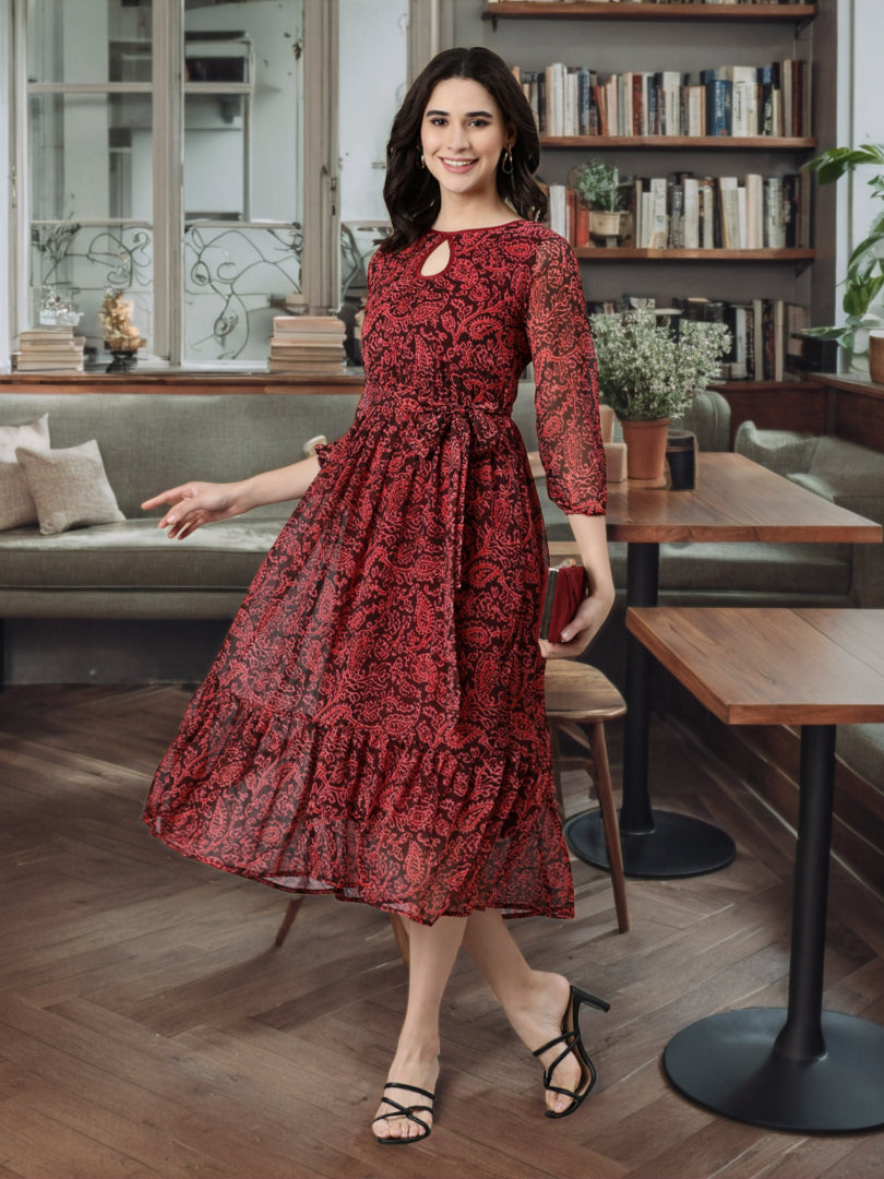 Women Maroon Floral Chiffon Dress