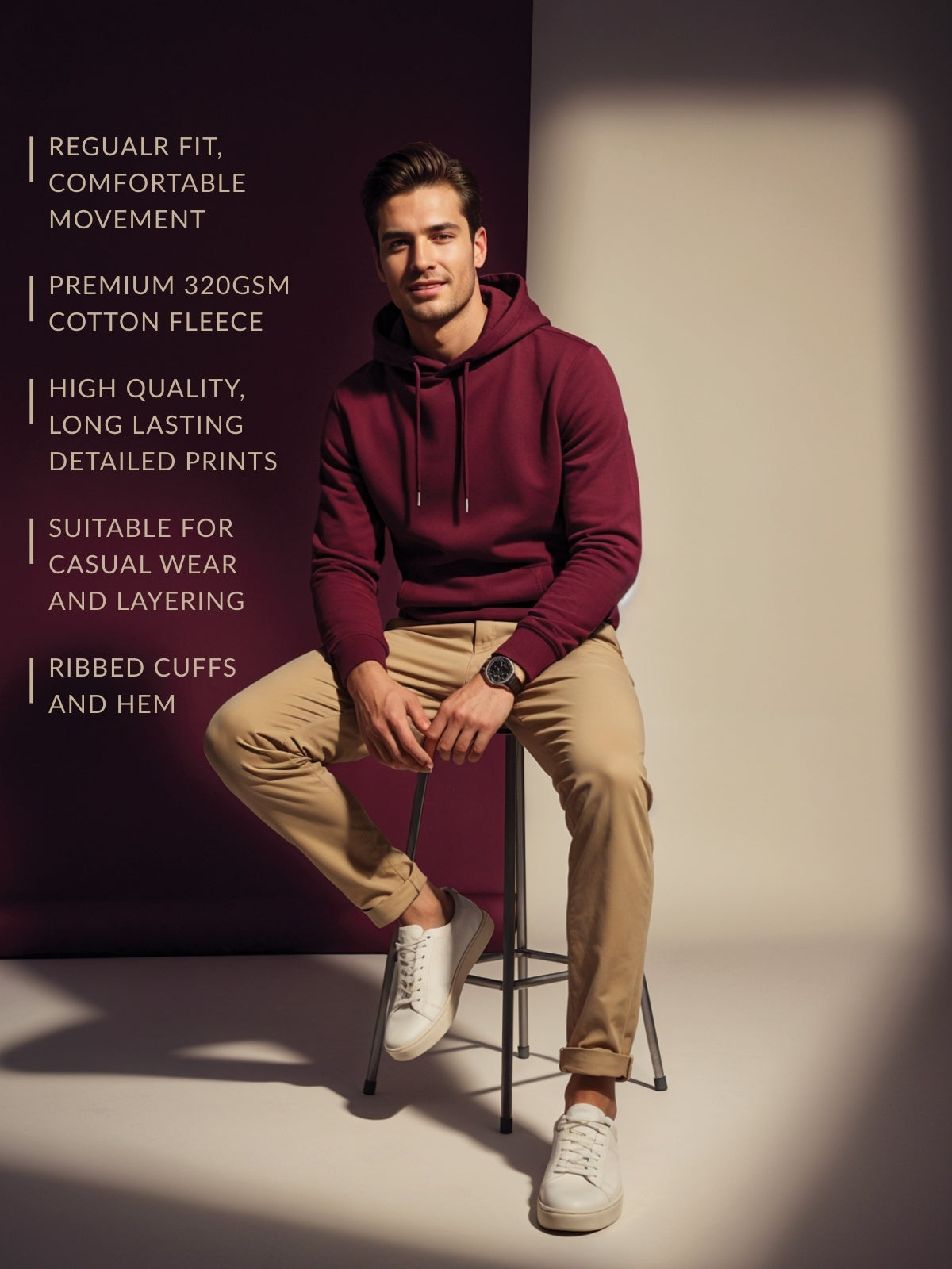 Men Maroon Cotton Fleece Hoodie