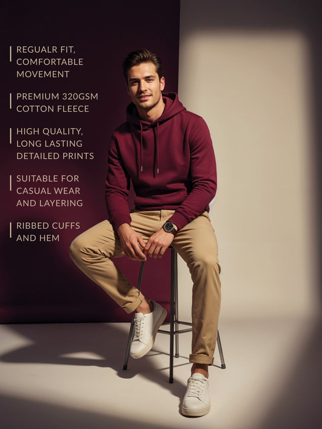 Men Maroon Cotton Fleece Printed Hoodie