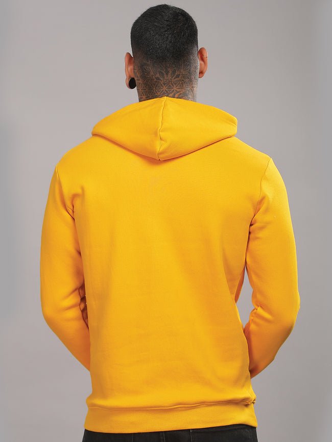 Men Mustard Cotton Fleece Printed Hoodie