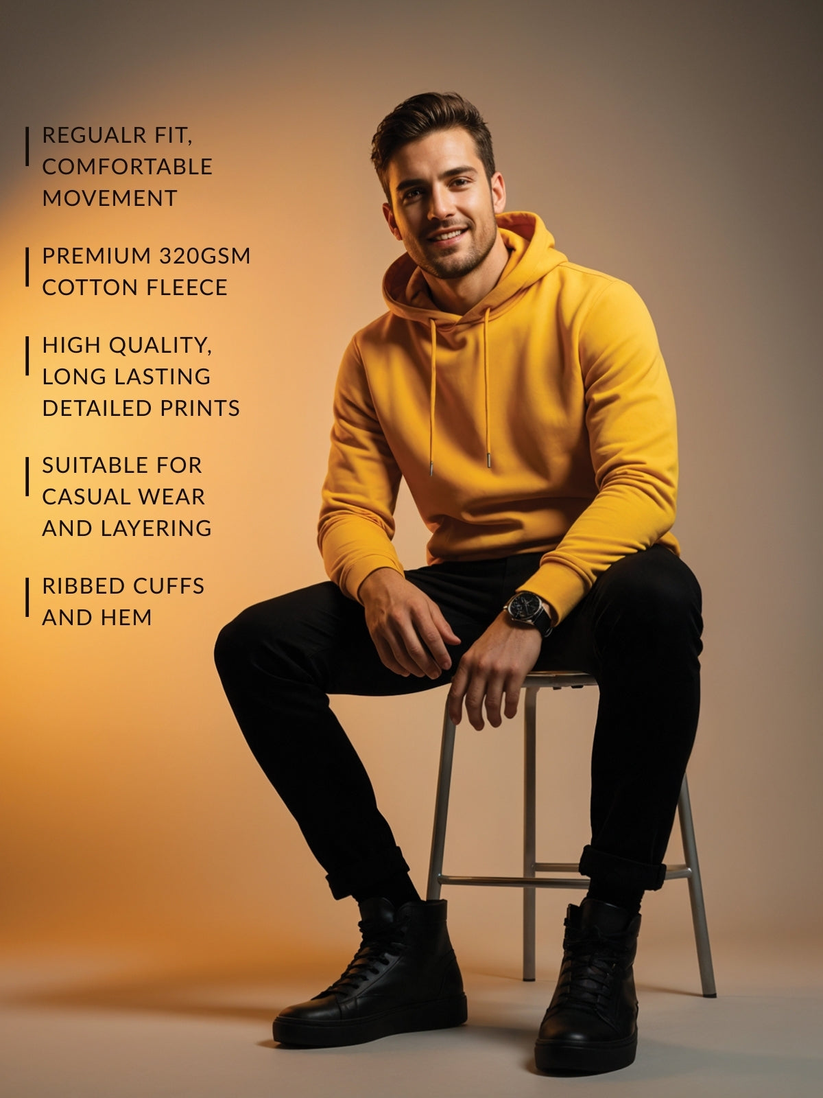 Men Mustard Cotton Fleece Printed Hoodie