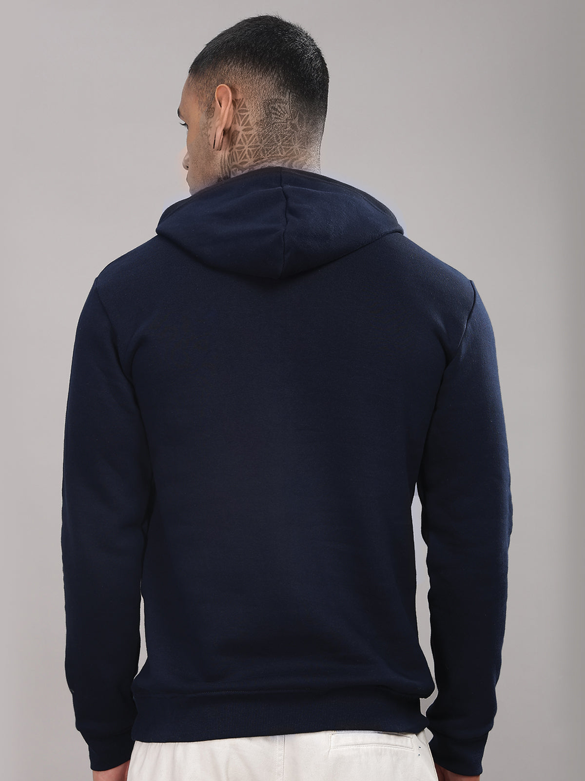 Men Navy Cotton Fleece Printed Hoodie