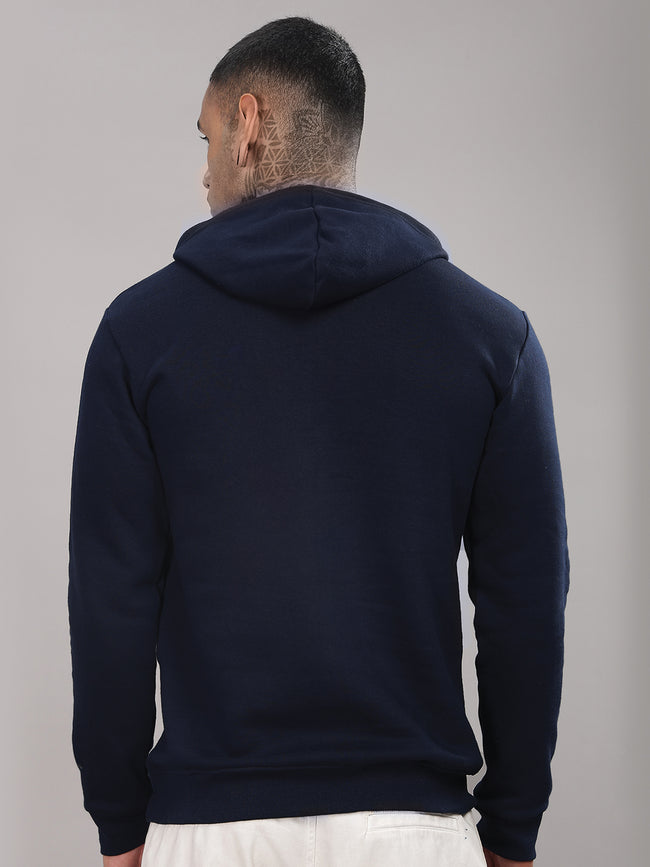 Men Navy Cotton Fleece Printed Hoodie
