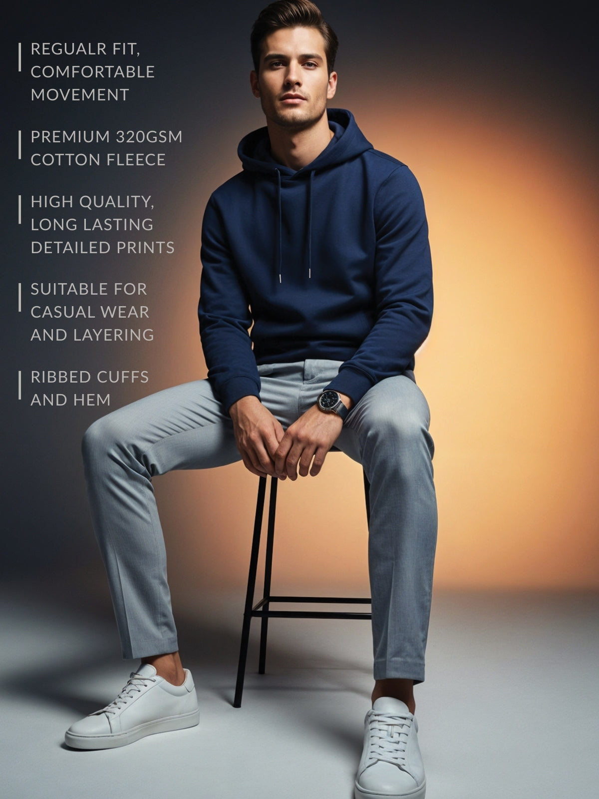 Men Navy Cotton Fleece Printed Hoodie