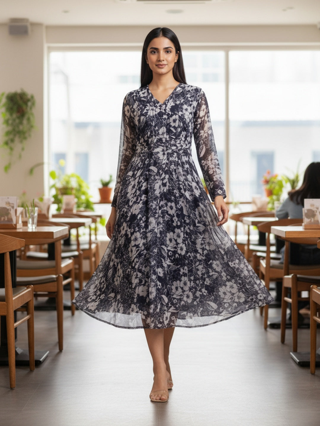 Women Blue Floral Chiffon Dress