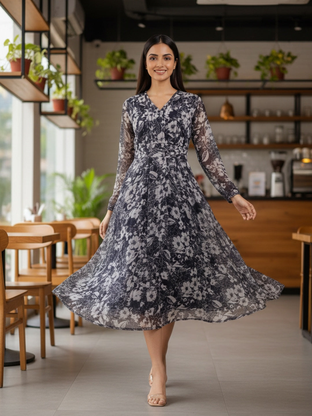 Women Blue Floral Chiffon Dress