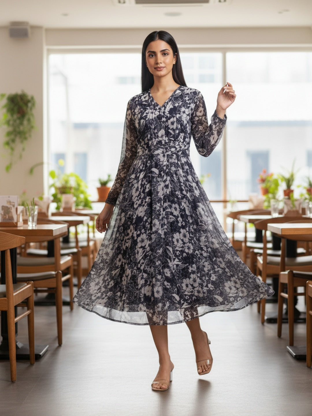 Women Blue Floral Chiffon Dress