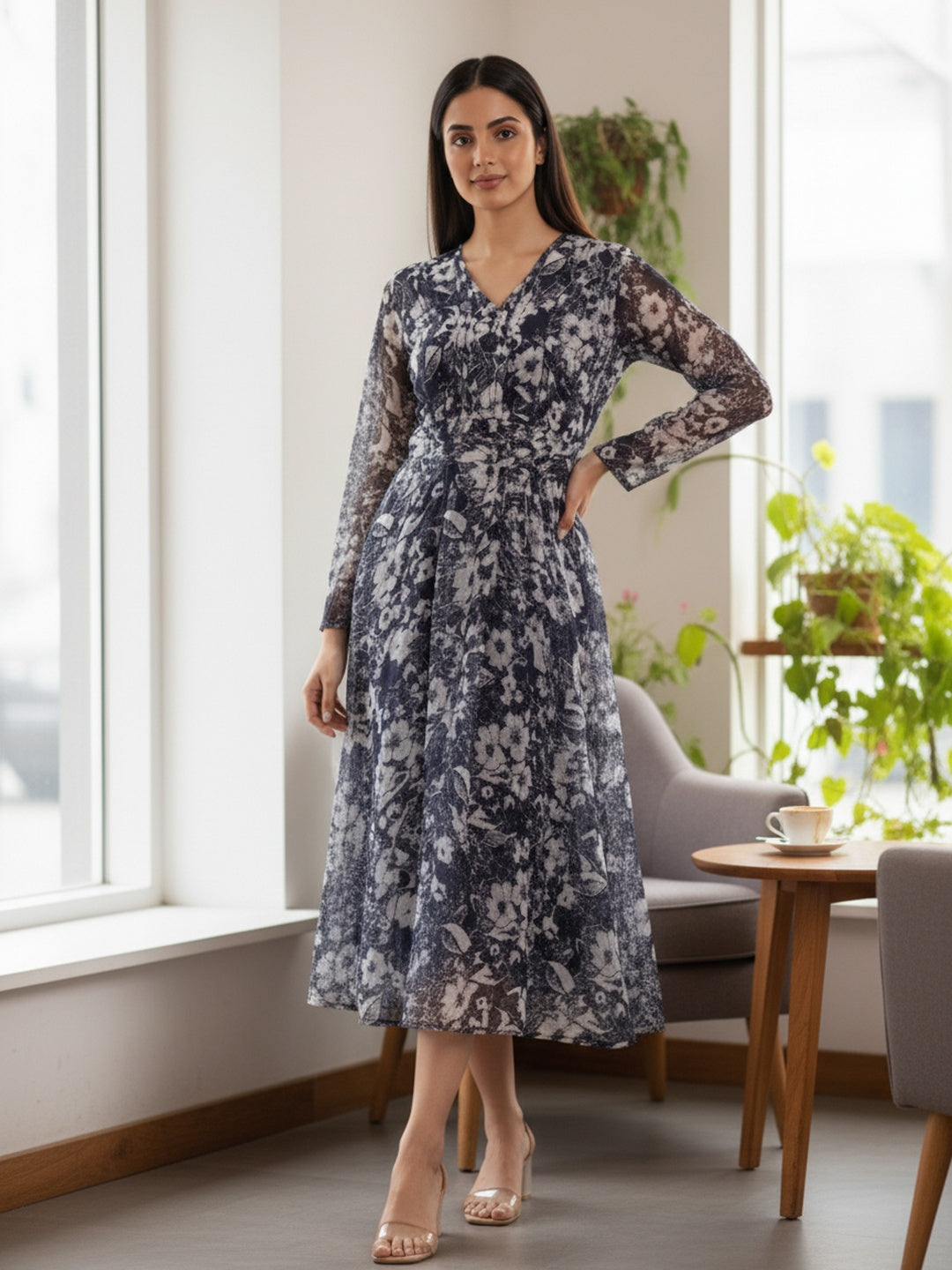 Women Blue Floral Chiffon Dress