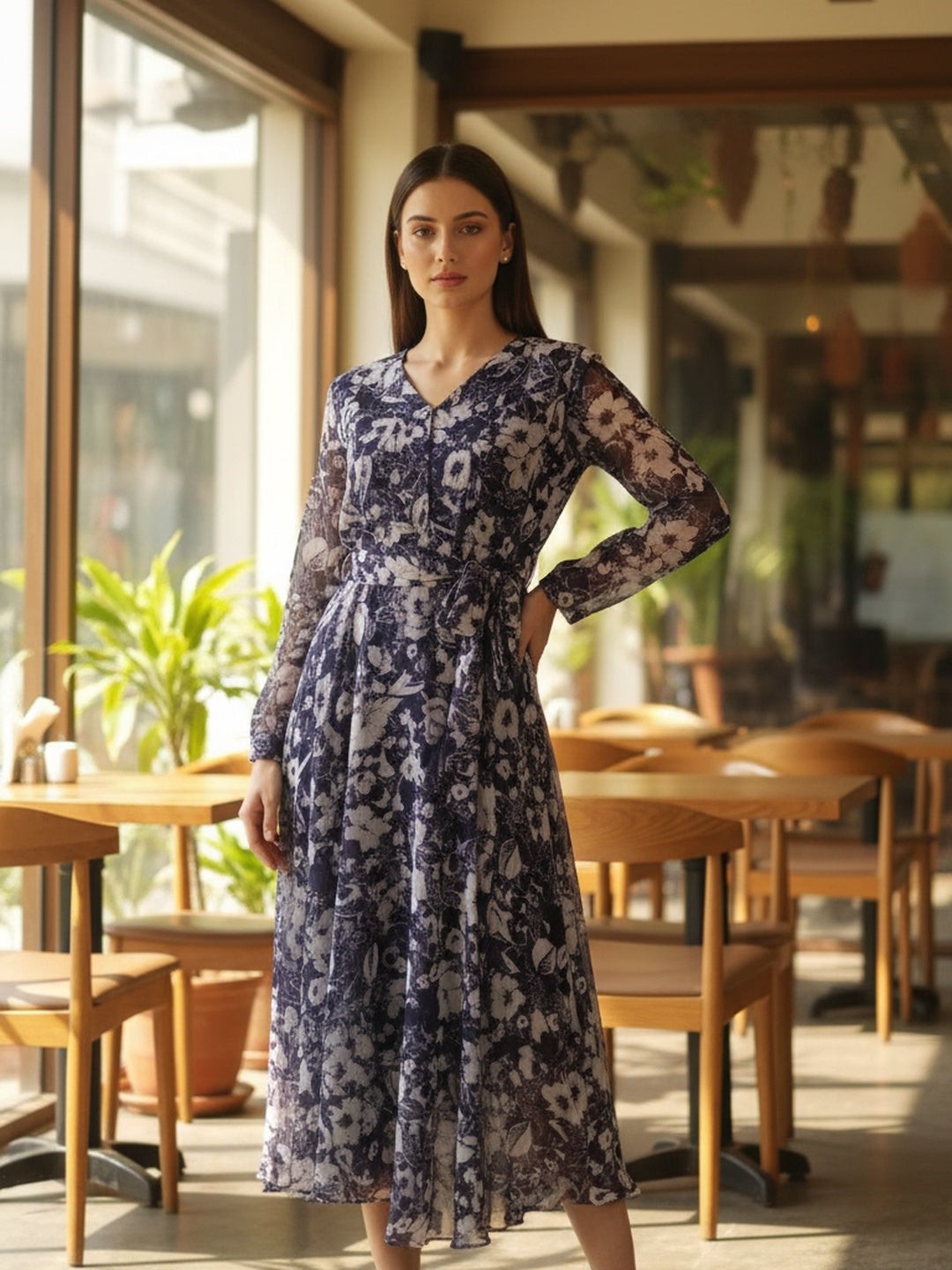 Women Blue Floral Chiffon Dress